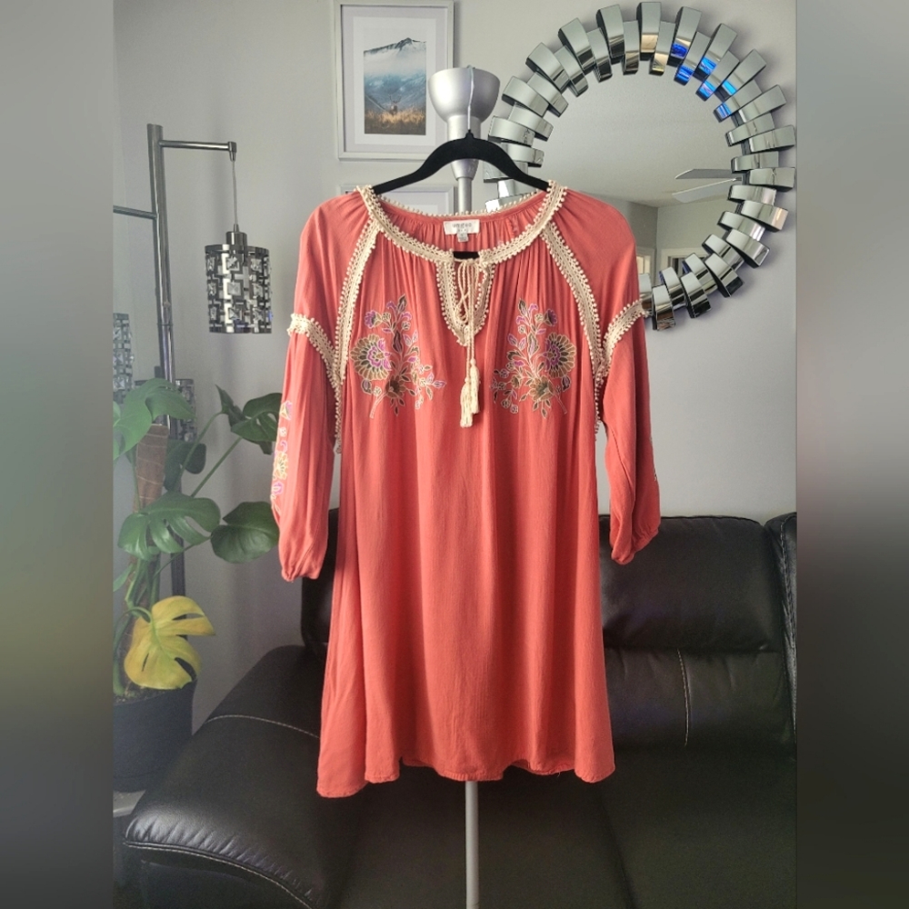 Boho Style Embroidered Mini Dress Size Small